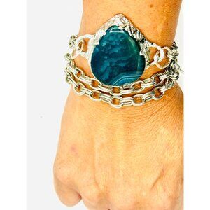 Indian Moss Agate Gemstone Artisan Pendant Necklace/Bracelet Silver Blend Frame